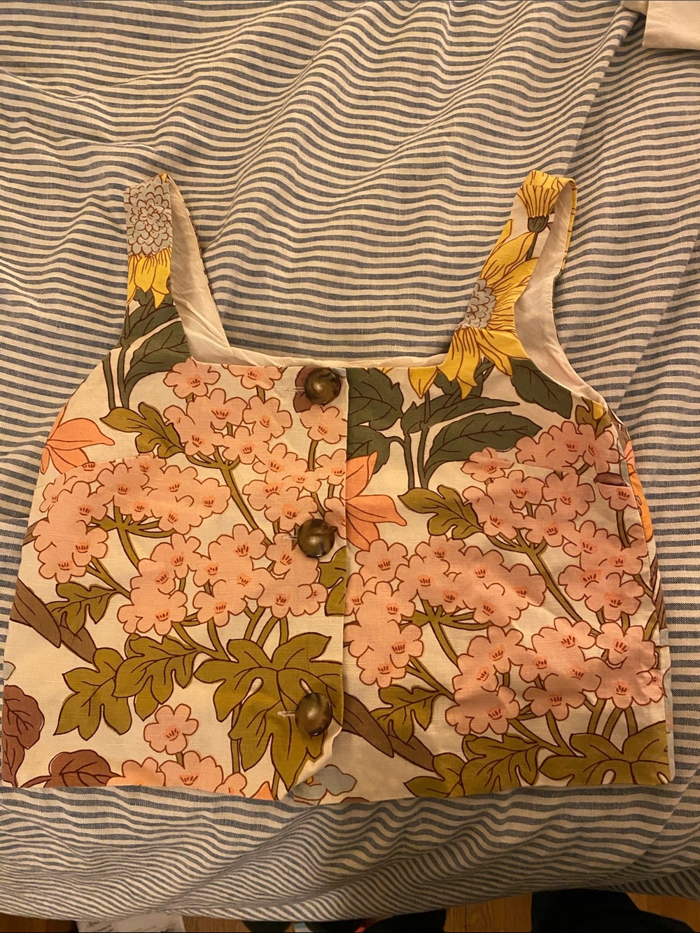 Sezane Floral Crop Top in Cream, Pink, Green, Yellow